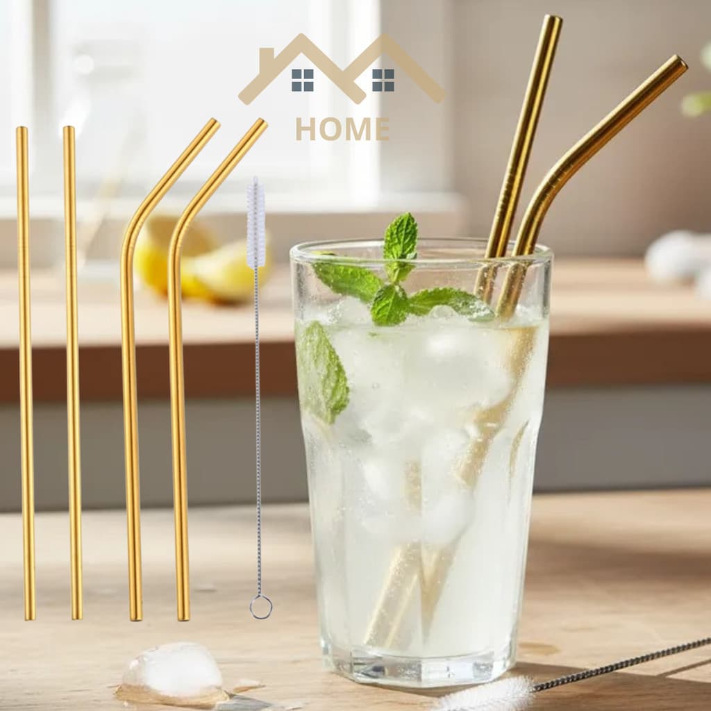 Kit 12 Canudos de Inox 21,5cm Dourado Reutilizáveis + Escovinha de Limpeza