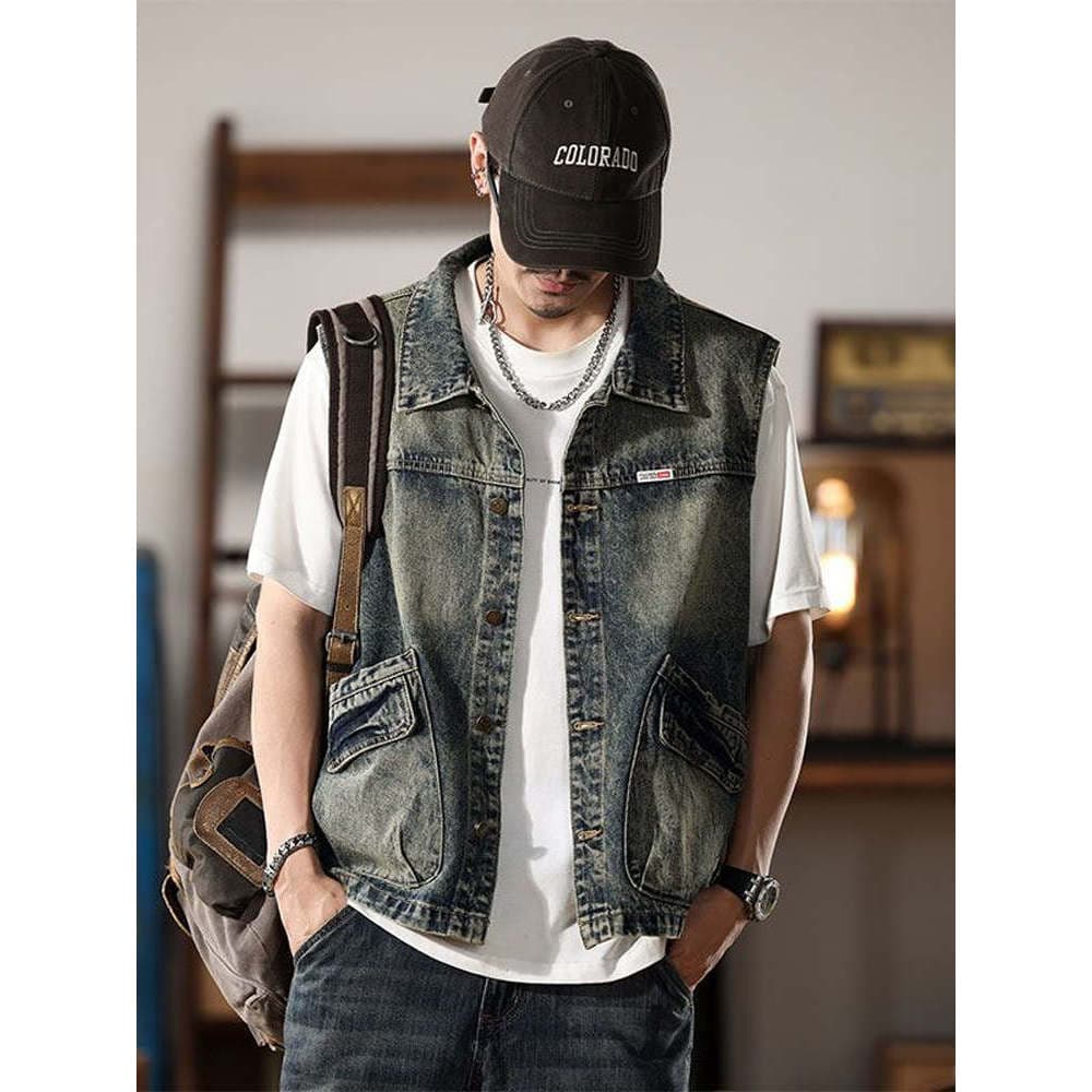 Primavera outono americano Retro ferramentas Denim colete jaqueta masculina colete na moda bonito Casual colete na moda