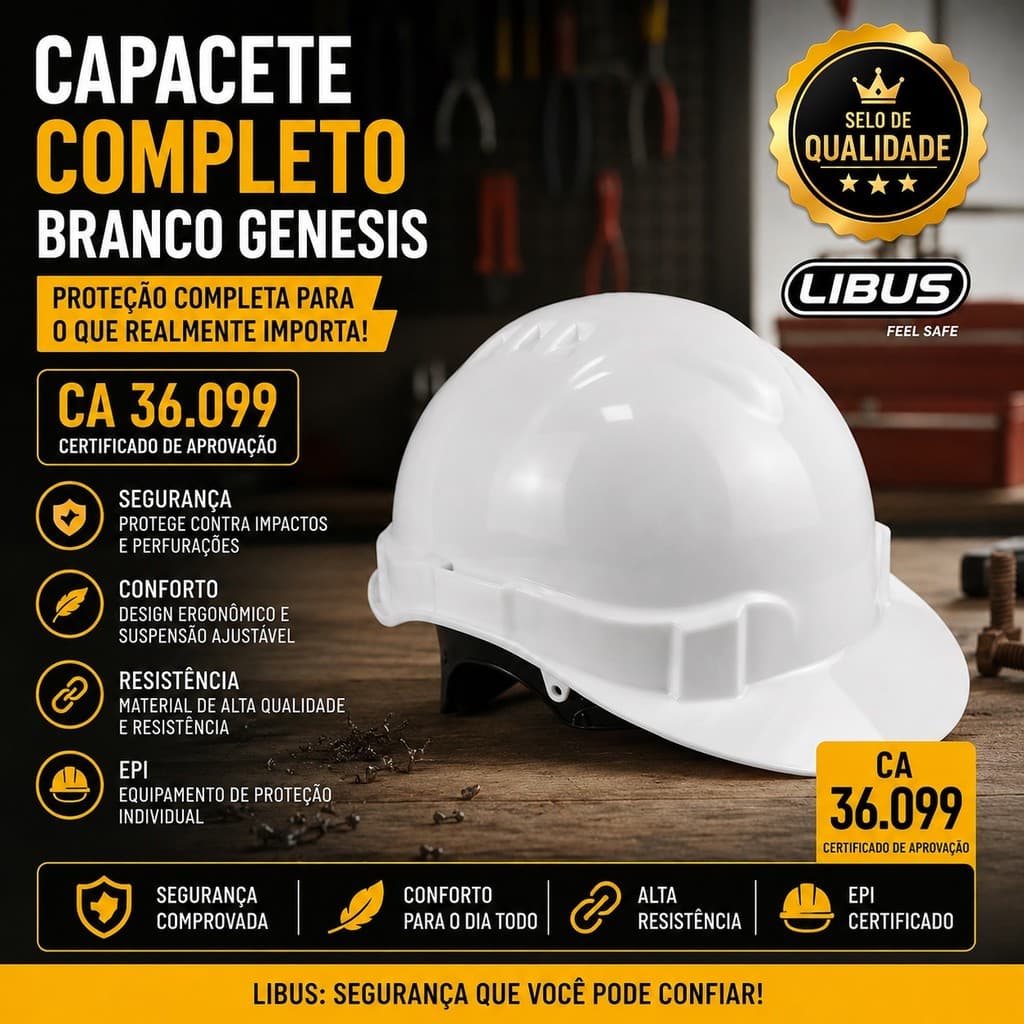 Capacete Completo Branco Genesis CA 36.099 Libus Segurança Conforto Resistência EPI