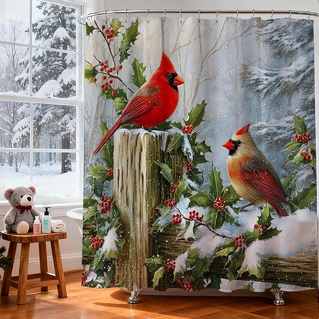 Cortina de Chuveiro de Inverno com Pássaros Cardeais de Natal, com 12 Ganchos, Cena de Neve de Inverno, Decoração de Ban