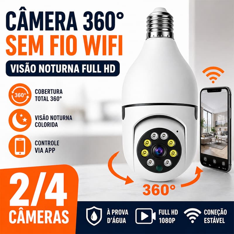 Kit 2 Câmeras de Segurança Lâmpada WiFi 360° PTZ Full HD Visão Noturna Infravermelho Sem Fio IP Câmera Interna