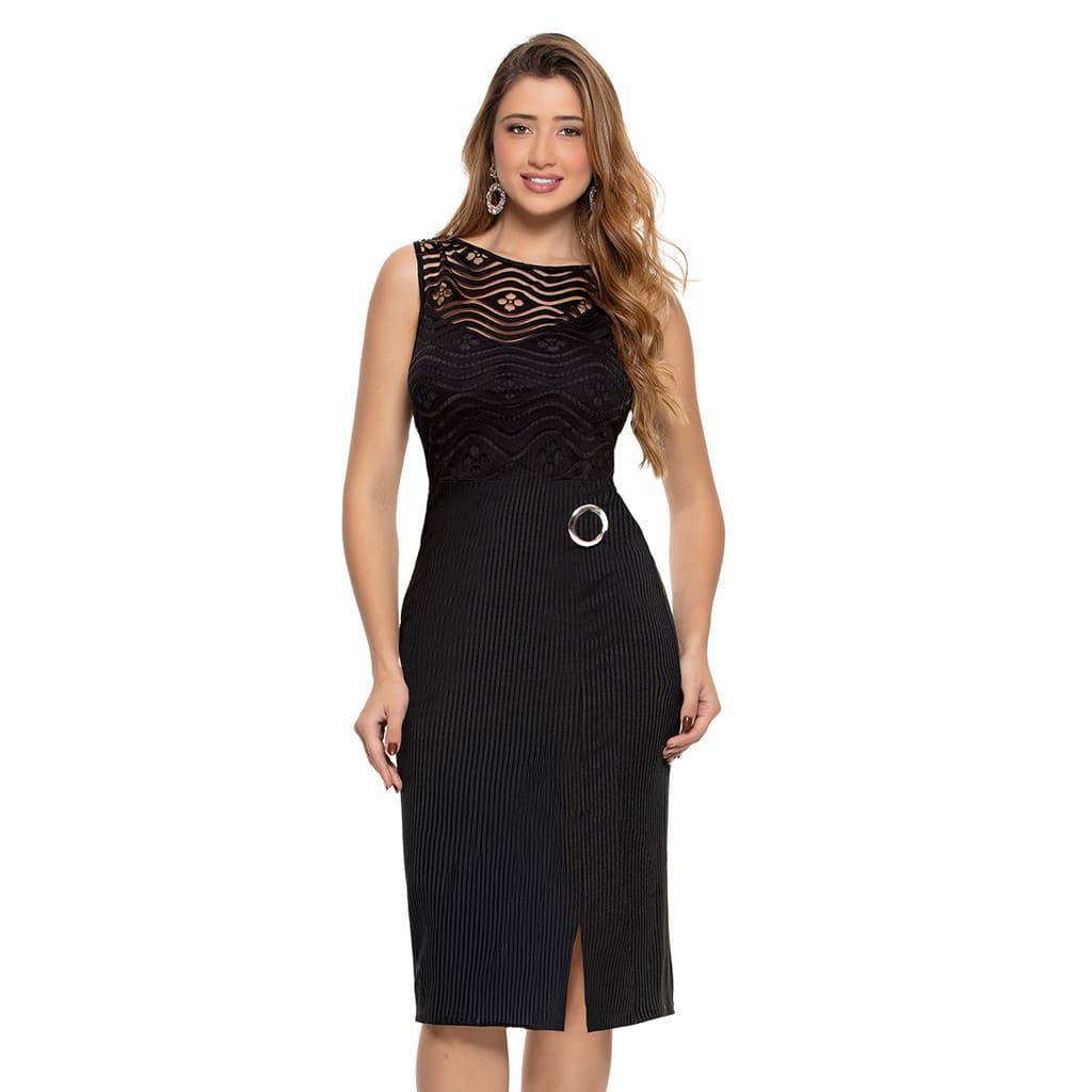 Vestido Midi com Detalhe em Argola e Fenda – Moda Feminina