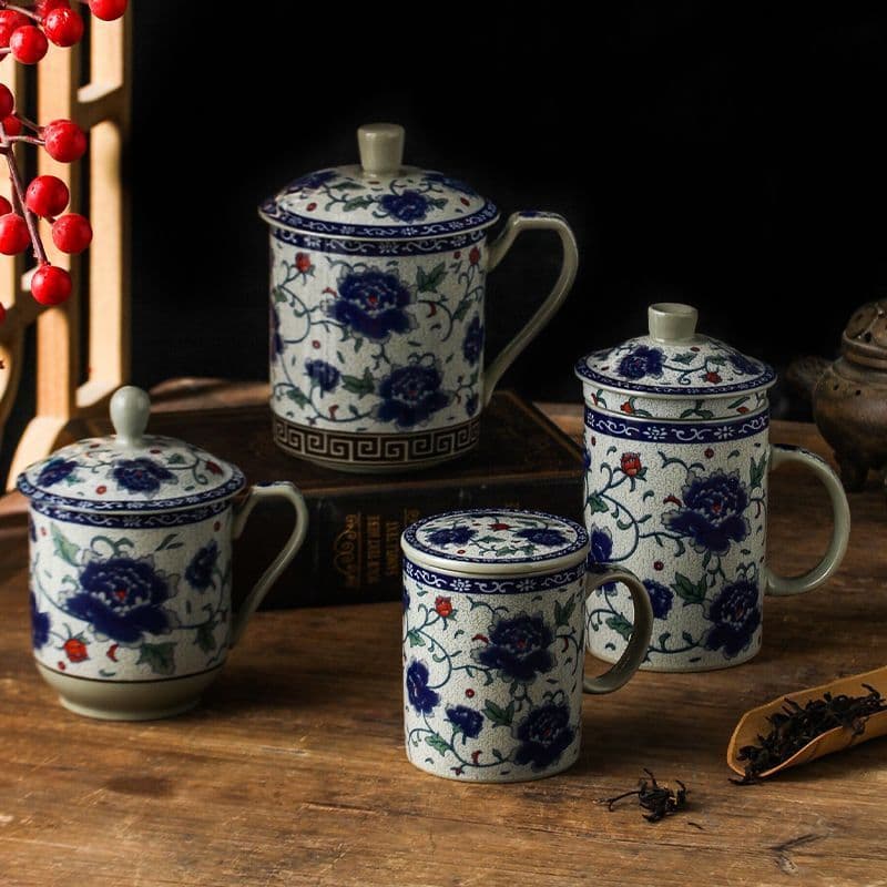 Caneca de cerâmica de porcelana azul branca chinesa, xícara de chá, copo de água com tampa, grande capacidade, retrô, es