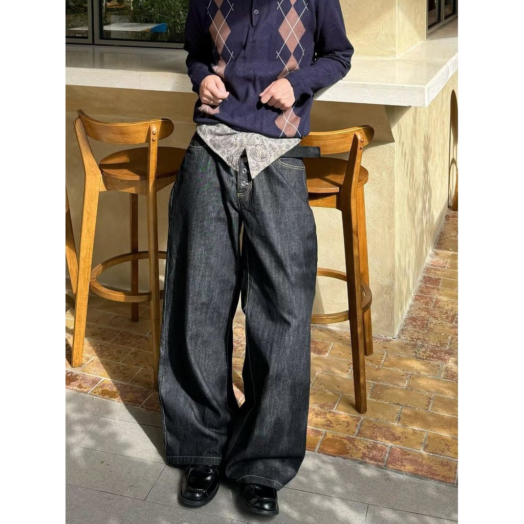 Americano Retro pesado preto Jeans masculino outono 2025 novo estilo em linha reta solto tamanho grande Street Wear calç
