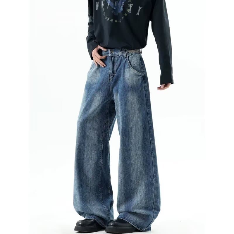 BOYUE BOYUE American Retro Plissado Machete Jeans Homens Mulheres High Street Solto Sensação Ruffian Bonito Nicho Calças