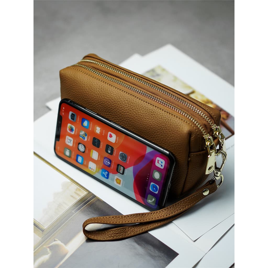 Portátil de couro genuíno bolsa feminina embreagem Horizontal quadrado grande capacidade bolsa de pulso bolsa do telefon