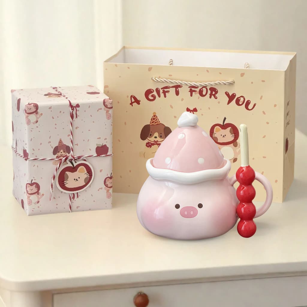 Bonito pequeno porco cristalizado cabaça copo presente de aniversário menina caneca com tampa copo cerâmica lembrança ca
