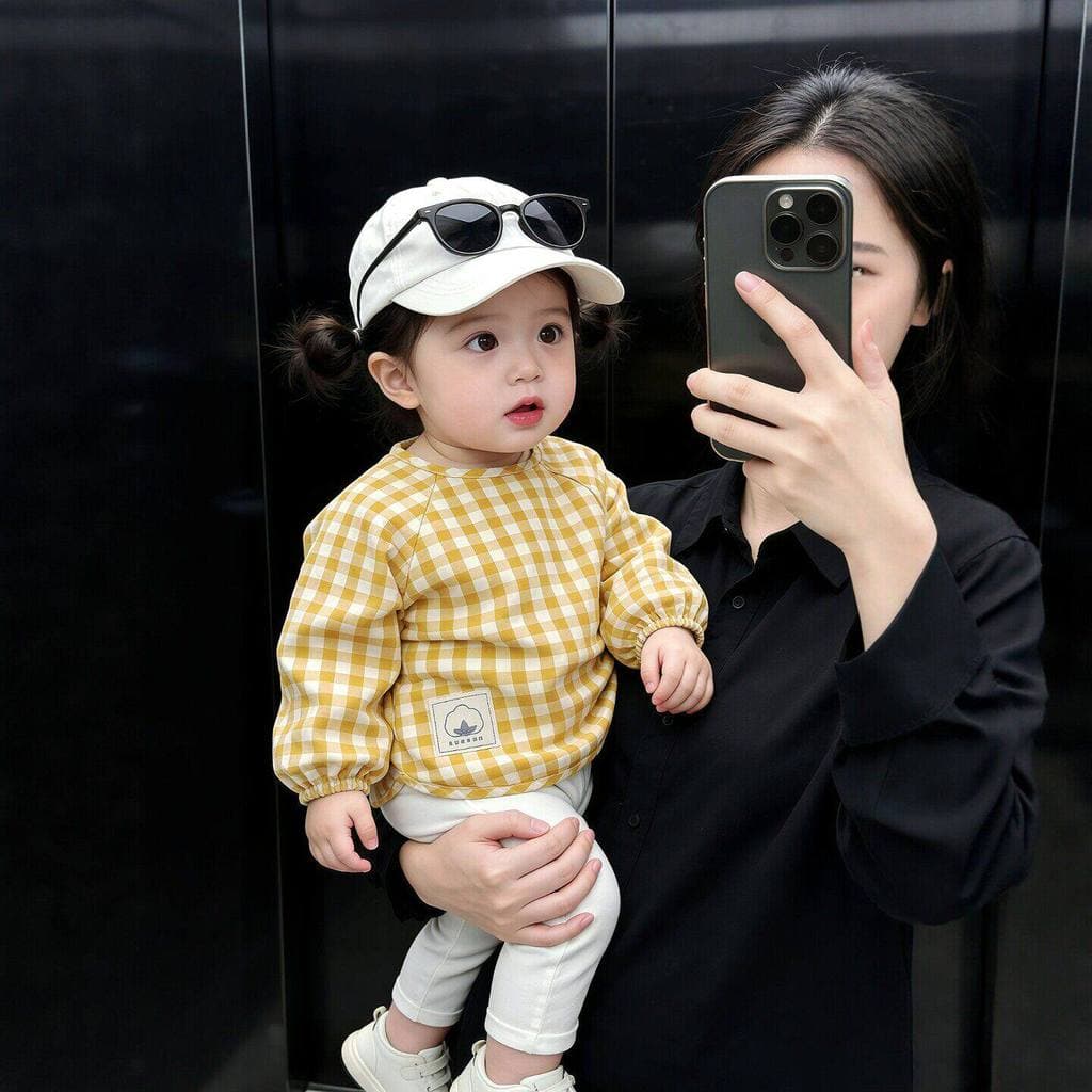 Macacão bebê menina exterior Wear estilo ocidental versão coreana xadrez anti-desgaste bebê comer impermeável anti-sujei