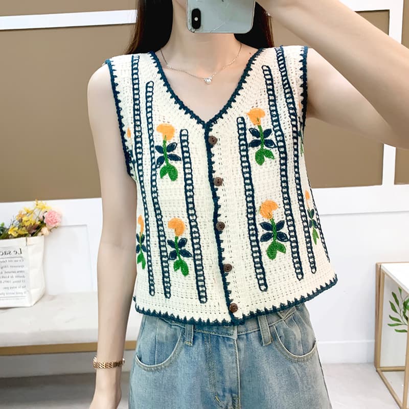 2025 verão estilo étnico estilo ocidental colete exterior bordado com decote em V sem mangas Retro malha Cardigan em cam