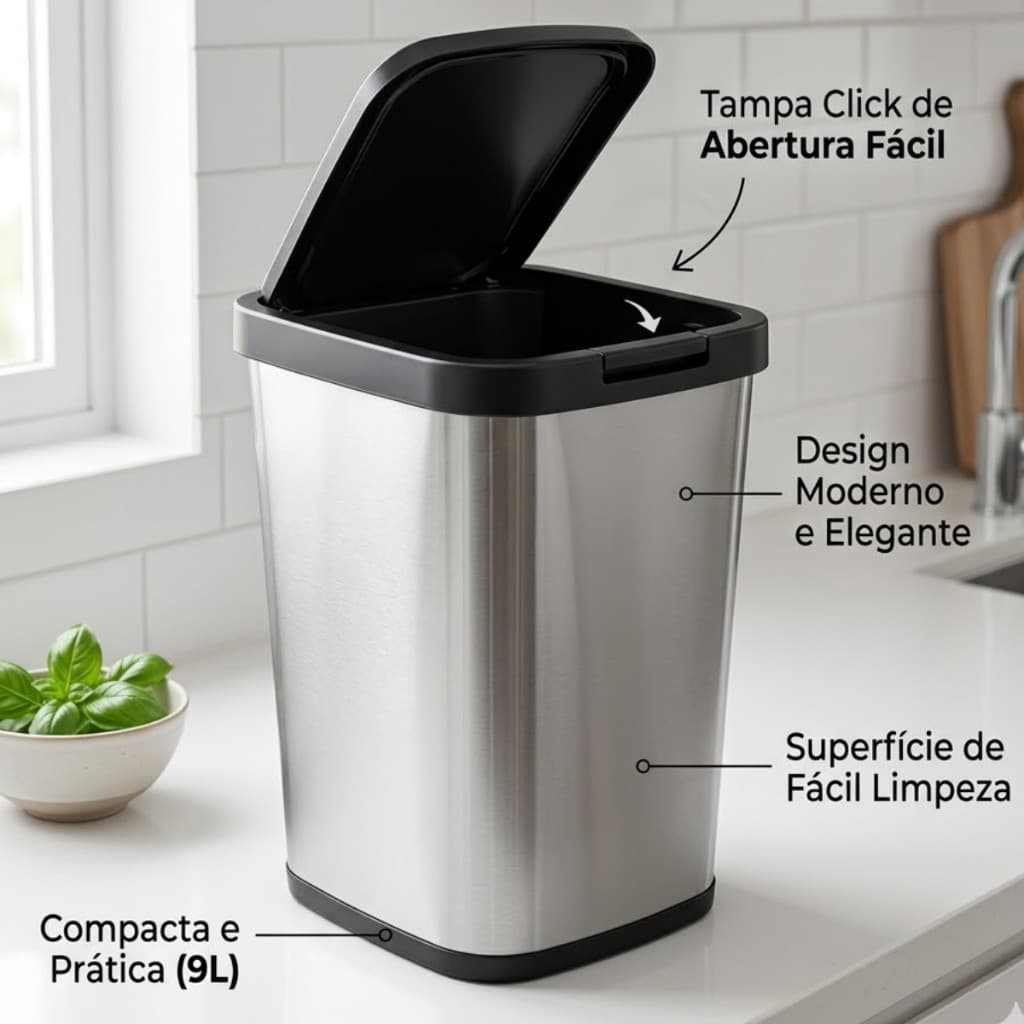 Lixeira Inox 9L Tampa Click 1 Unidade ou Conjunto Com 2 Moderna Compacta Cozinha Banheiro Premium