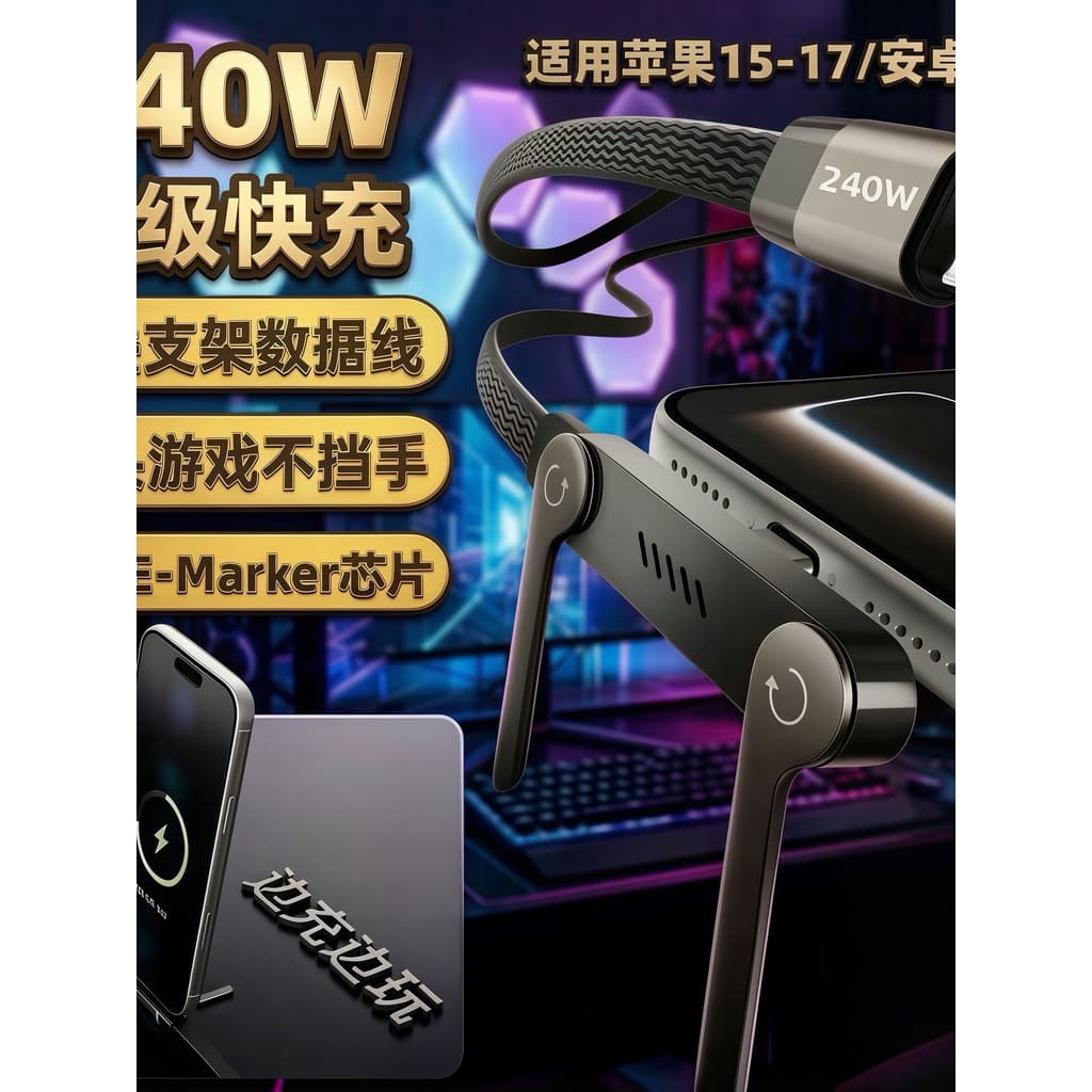 [ziaii] Novo estilo de cabo de dados de suporte de jogo PD240W Carregamento Super rápido adequado para Apple Huawei Sams