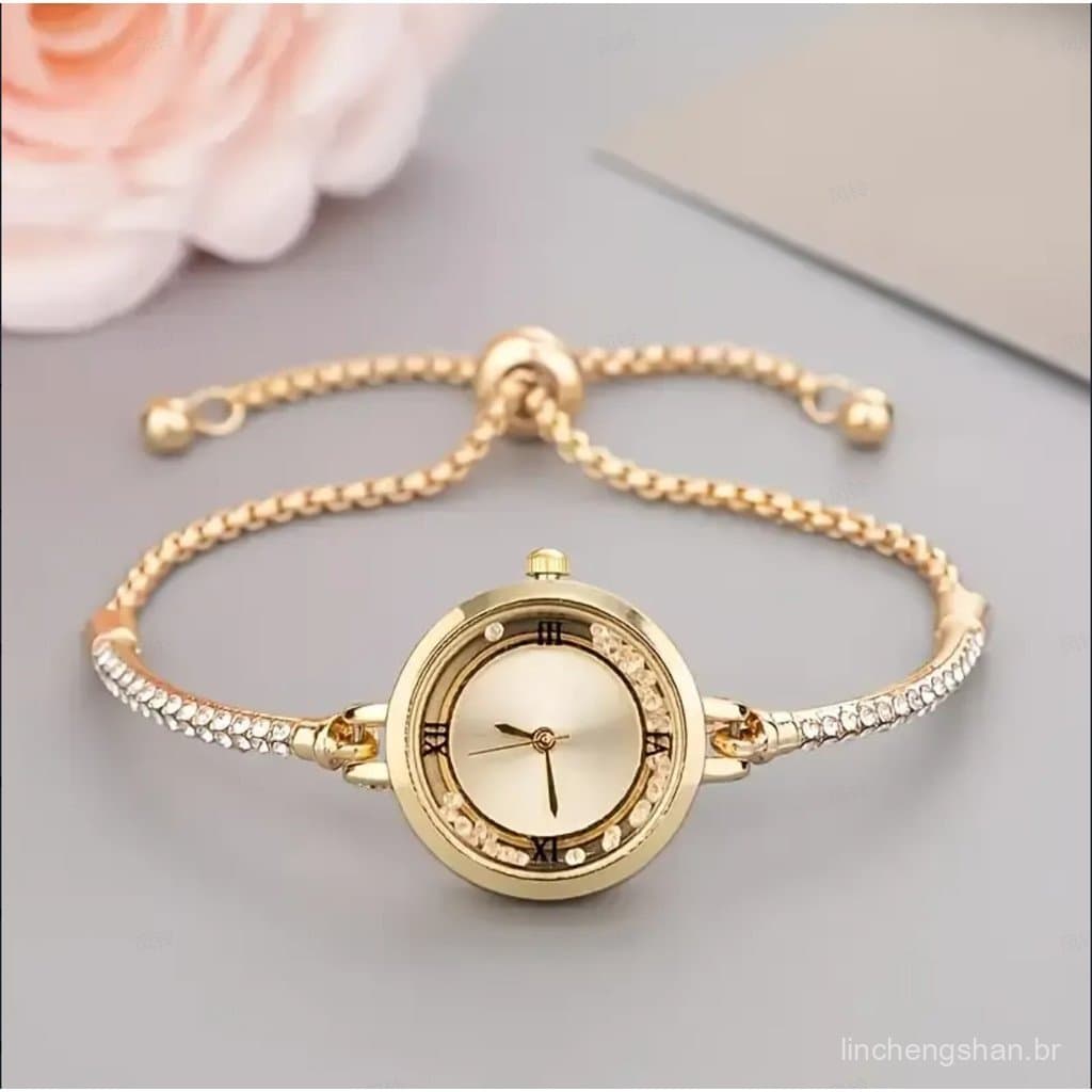 Relógio de pulso feminino chique - Acentos de diamante redondo e números romanos com comprimento ajustável