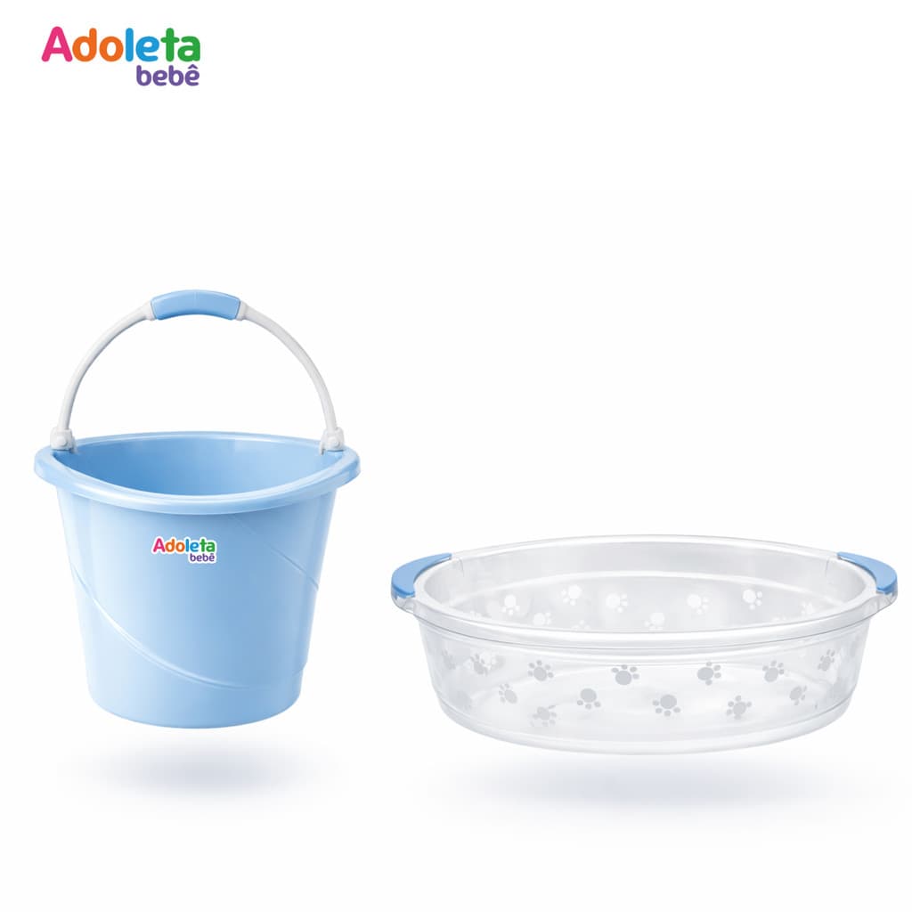 Kit Banho Bebê Adoleta | Balde 13L Azul + Bacia 6L Transparente | Ergonômico e Antiderrapante