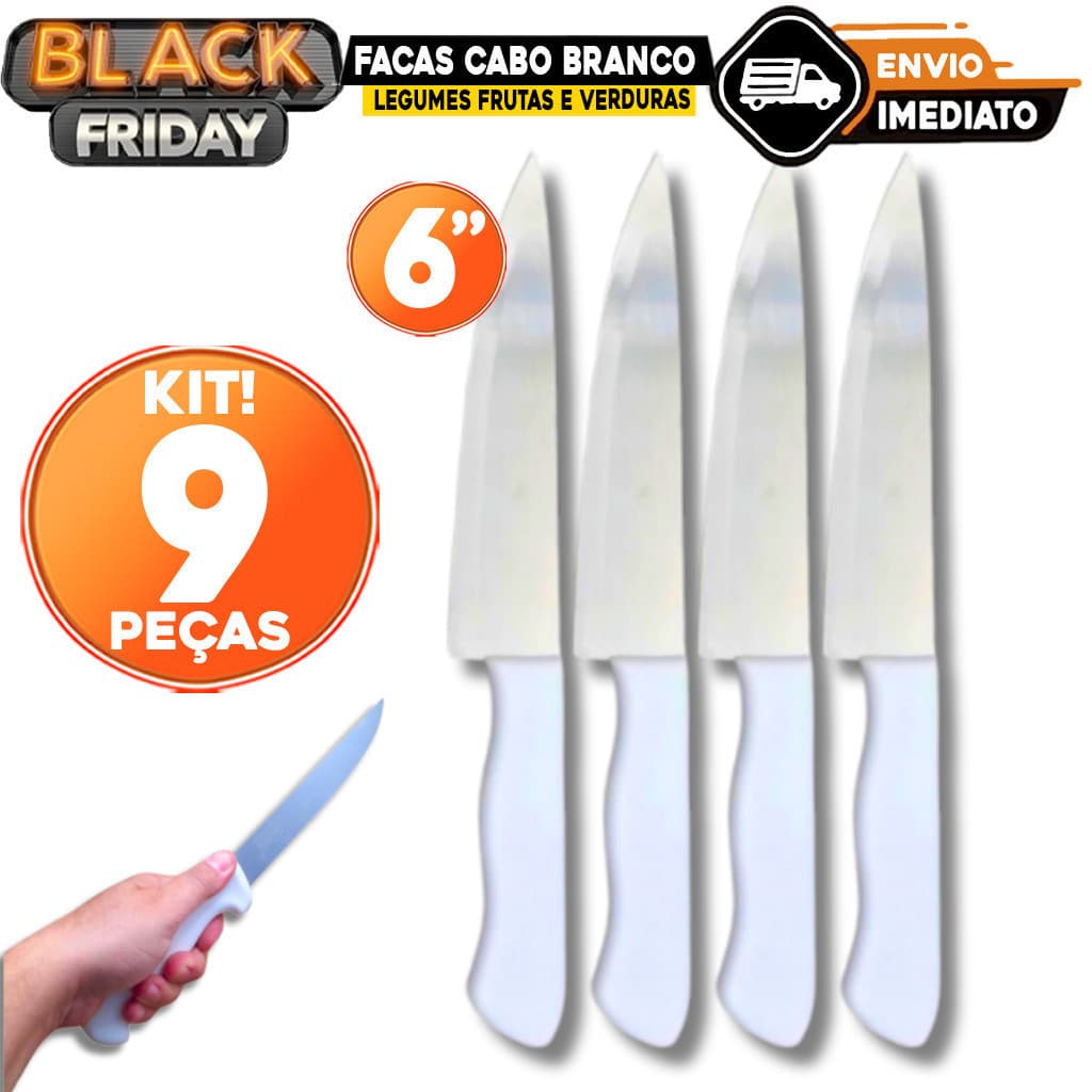 Kit 9 Faca Profissional Cabo Branco Tamanha 6 Cozinha Restaurante Legumes Verduras