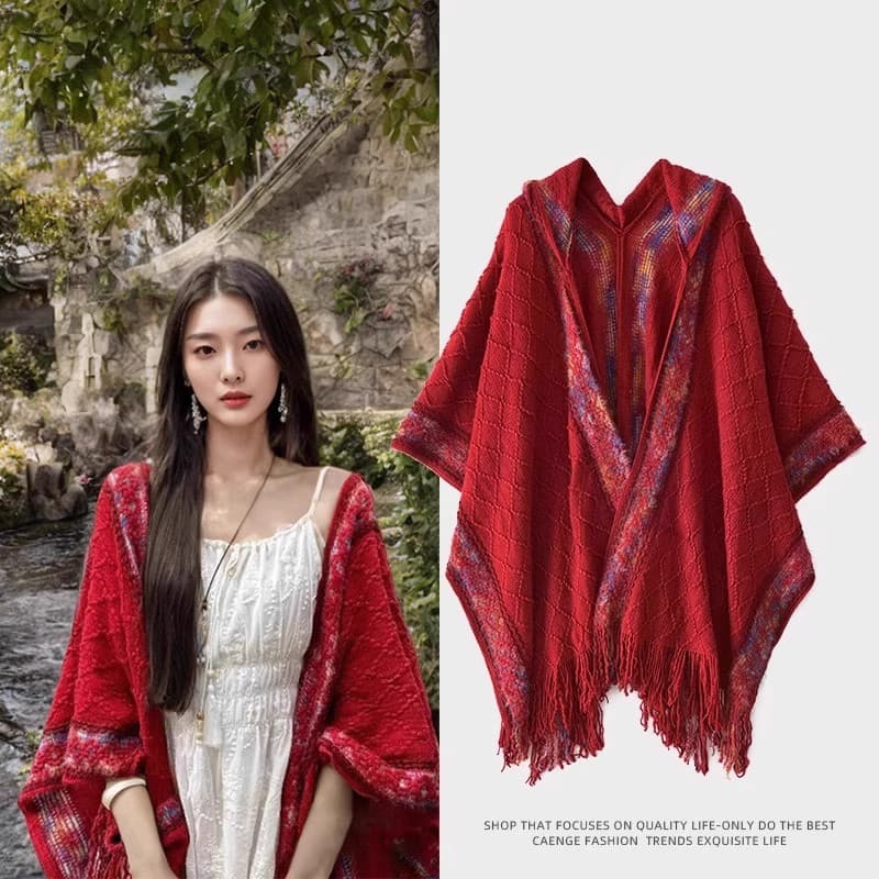 Estilo étnico com capuz vinho vermelho grande xale feminino exterior borla tricô Yunnan Xinjiang capa de viagem tibetana