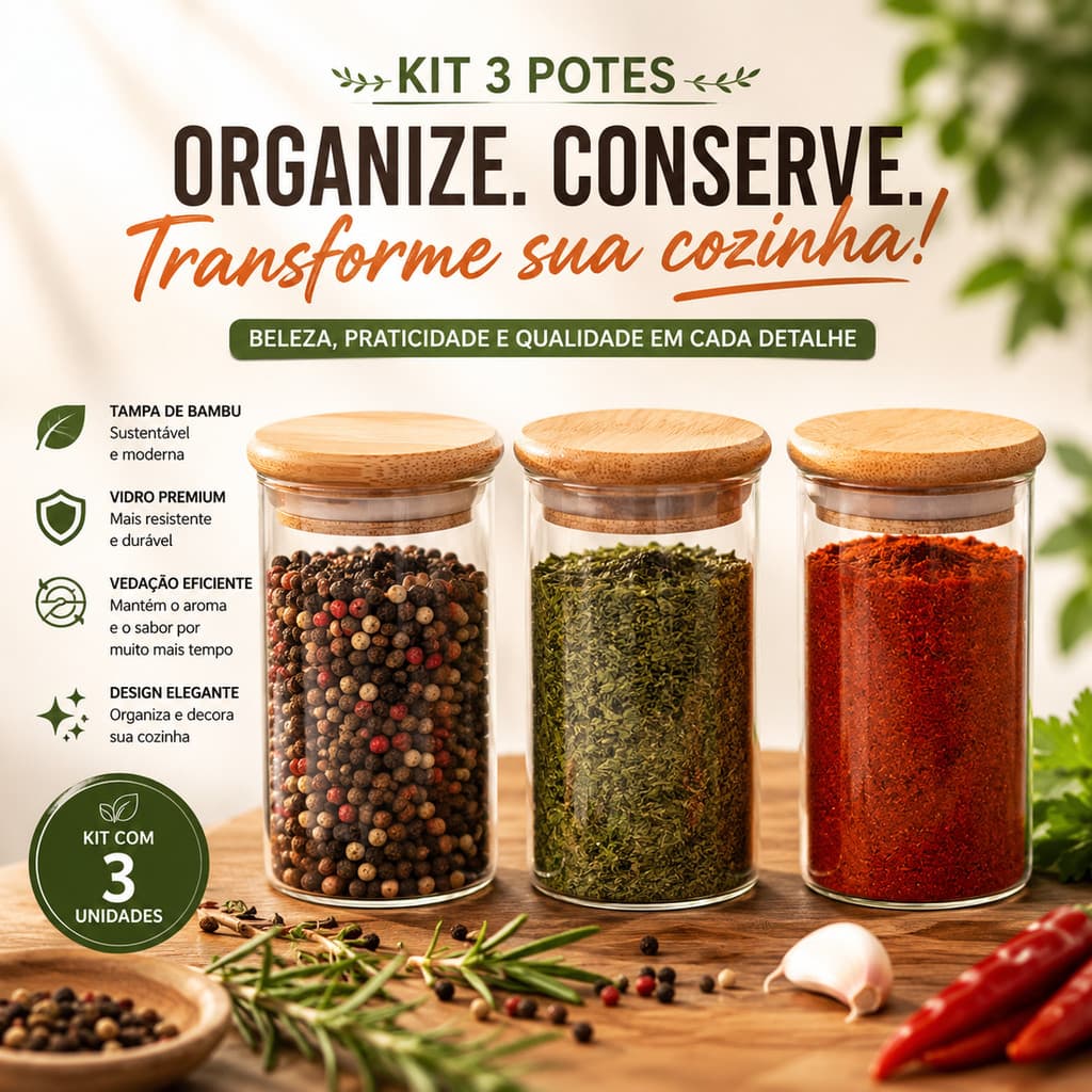 Kit 3 Potes de Vidro Hermético 200ml Tampa Bambu Temperos Grãos Cozinha Organização Despensa