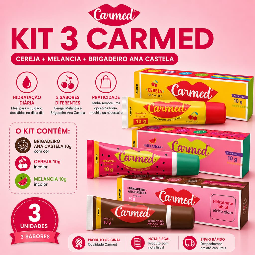 Kit 3 Hidratantes Labiais Carmed | Ana Castela Docinhos + 2 Sabores Frutados Originais