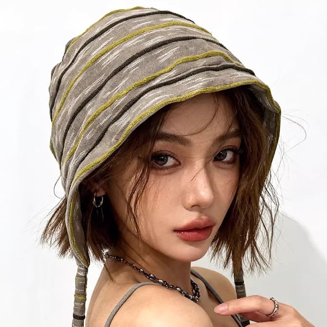 Chapéu feminino retrô de estilo japonês com listras e renda, para primavera-verão, com grande circunferência de cabeça,