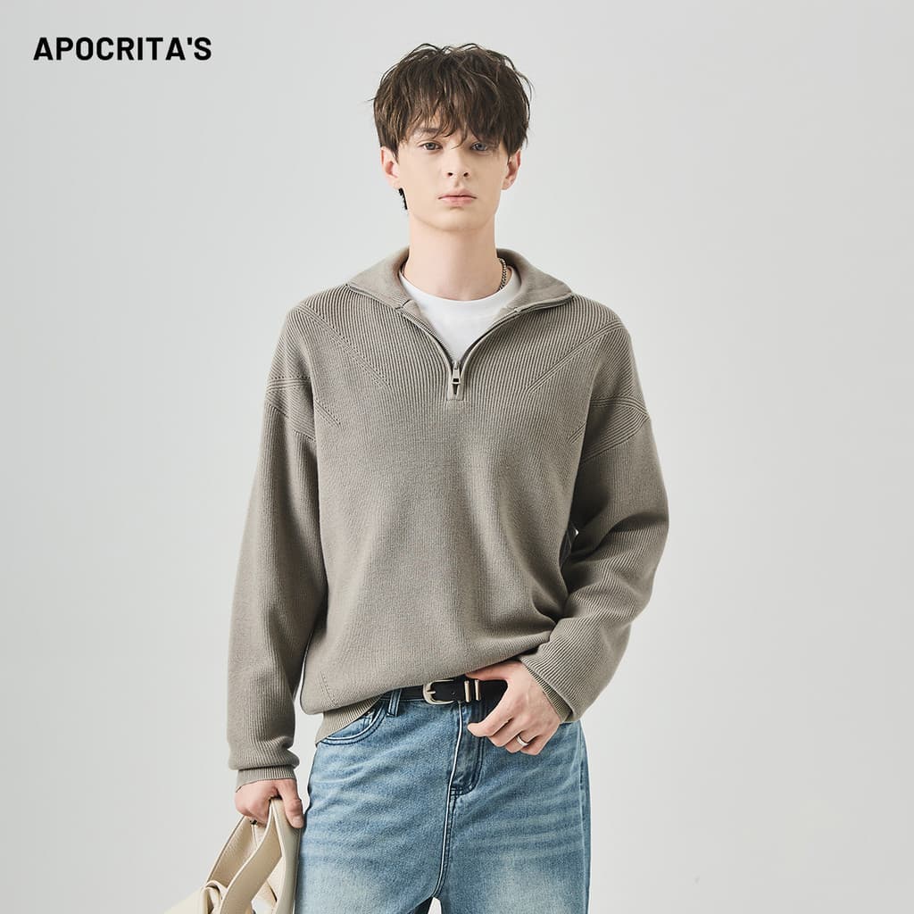 Roupas Masculinas|Suéter masculino de gola alta com meio zíper, outono inverno, estilo dinheiro antigo, solto, preguiços
