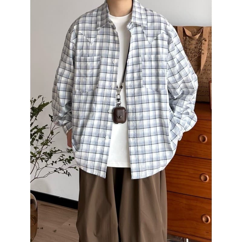 Primavera outono estilo japonês Retro xadrez de manga comprida camisa fina das mulheres dos homens perfil solto Casual a