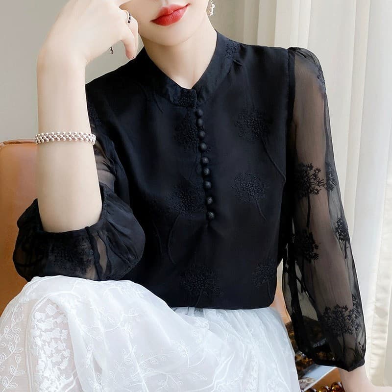 Seda novo estilo chinês topo senhoras camisa de manga comprida protetor solar bordado High-End elegante seda amoreira