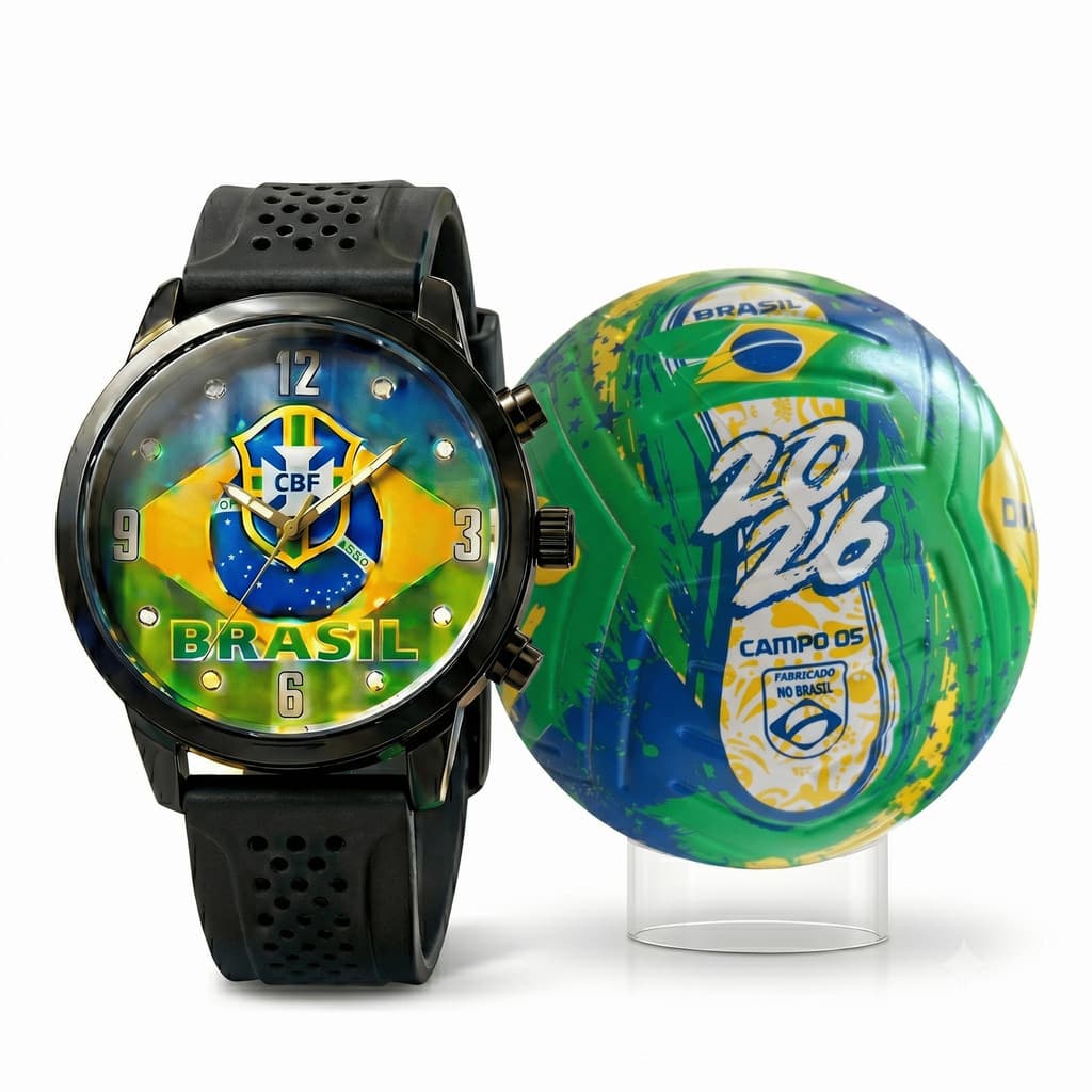 Kit Brasil Copa 2026 Relógio Exclusivo Bola de Futebol Dualt