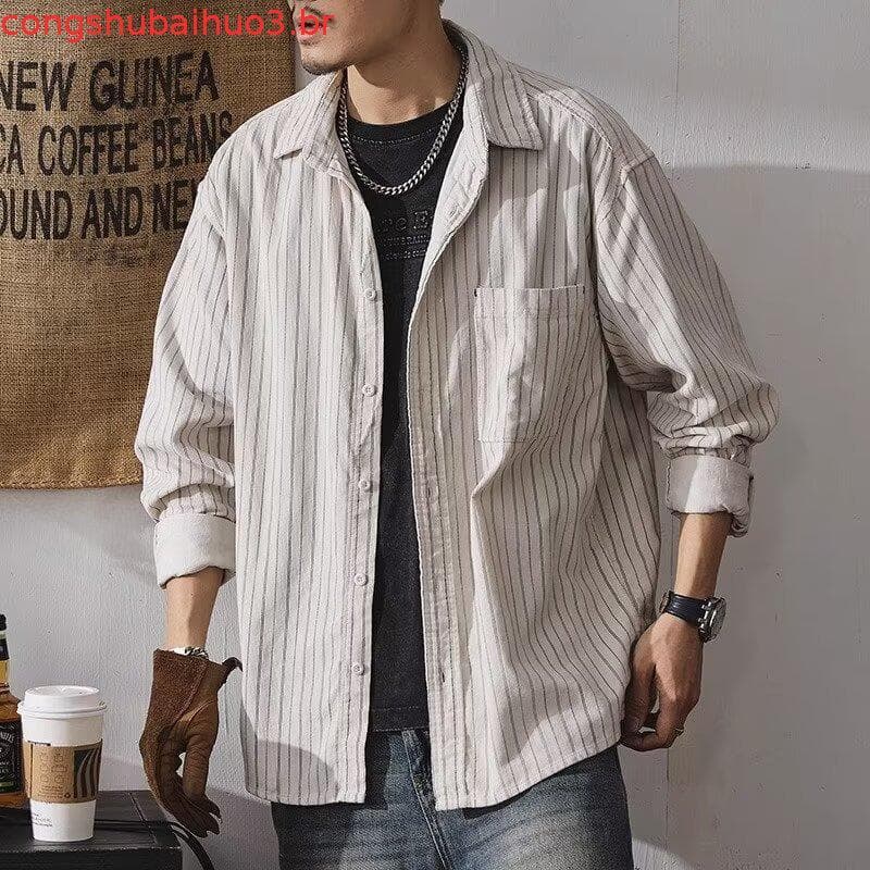 Outono inverno japonês Retro textura listrado csa de manga comprida masculina solta Vintage Casual solto Workwear cam