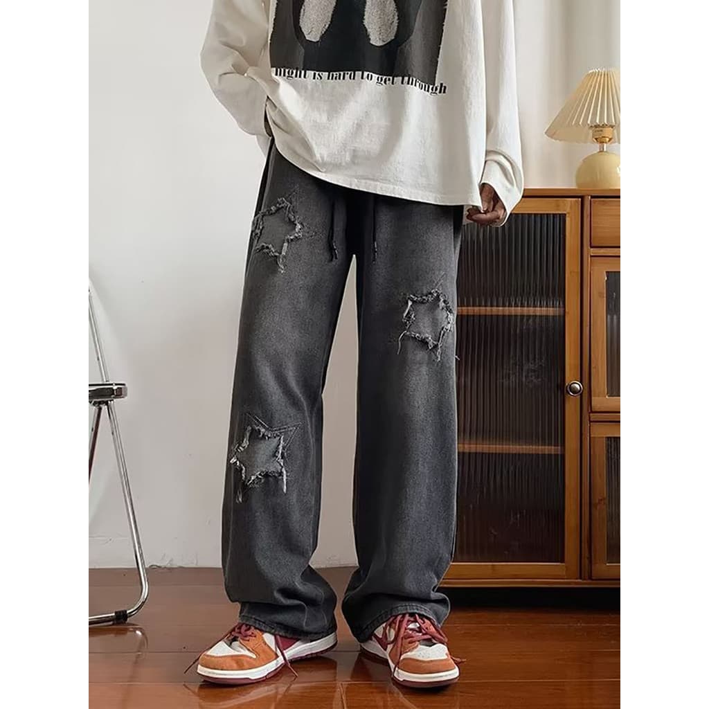 Americano High Street lavado estrela de cinco pontas Jeans masculino Retro em linha reta solto adolescente esfregando ca