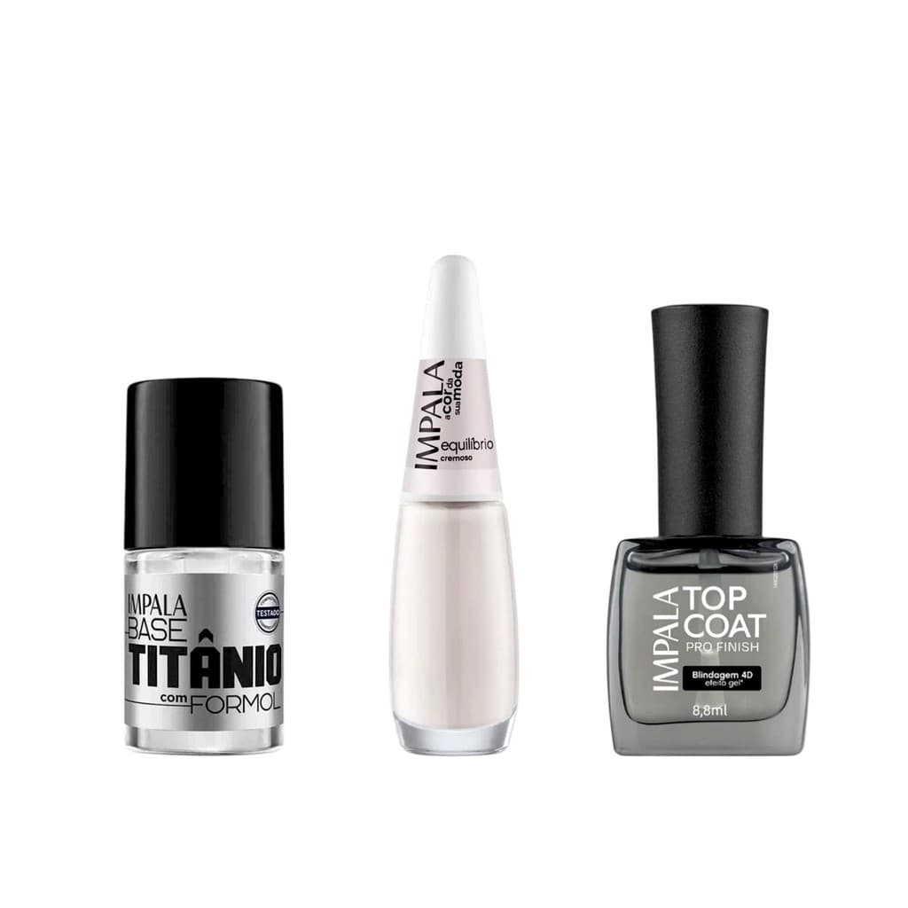 Kit  Base Titânio + Esmalte Equilíbrio +Top Coat Blindagem Efeito Gel Impala