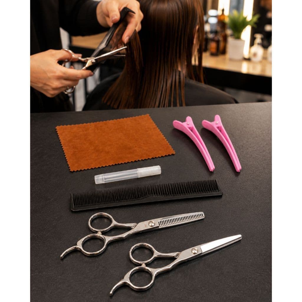 Kit Estojo Tesoura Profissional Corte de Cabelo Tesoura Fio + Desfiadeira + Acessórios