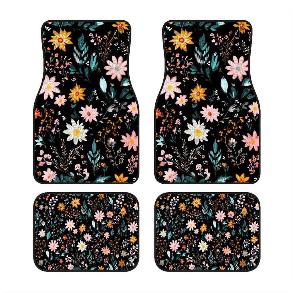 Conjunto de 4 peças, tapetes antiderrapantes para pés de carro, padrões de flores coloridos, adequados para carros e SUV