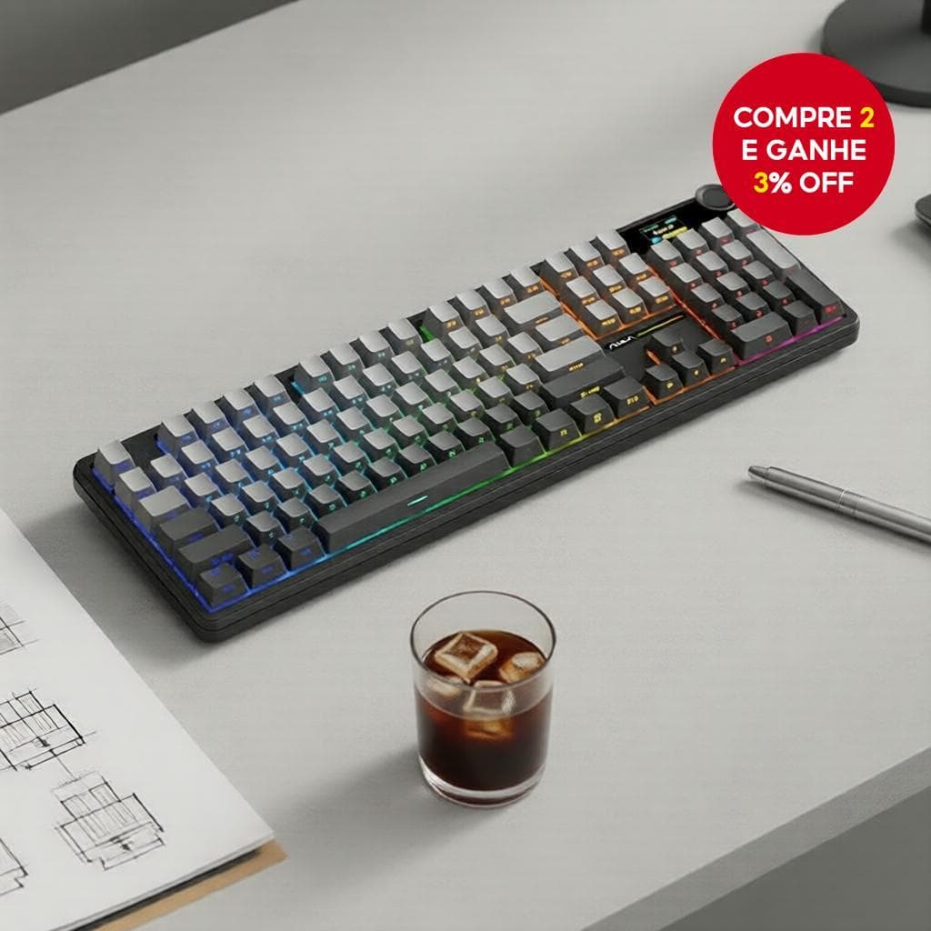 Teclado AULA F108 Pro Gamer, RGB, Tri-Modo, Múltiplos Comandos, Display Inteligente TFT
