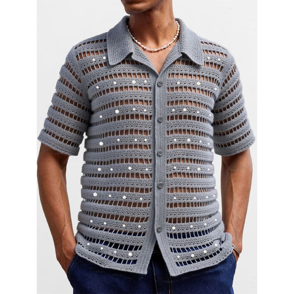 2026 verão francês frisado Design oco transparente camisa de malha masculina imitação mão crochê Cardigan camisa polo Ca