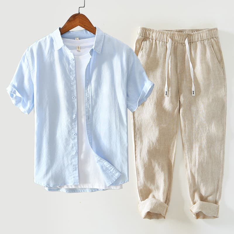Camisa de linho de algodão masculina de alta qualidade solta Casual terno de linho masculino verão de manga curta calças