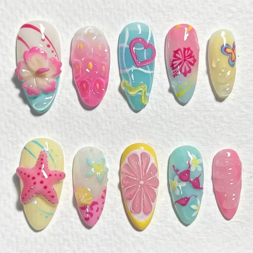 Verão estilo beira-mar pintado à mão usando unhas tridimensional estrela do mar limão doce menina estilo acabado Manicur