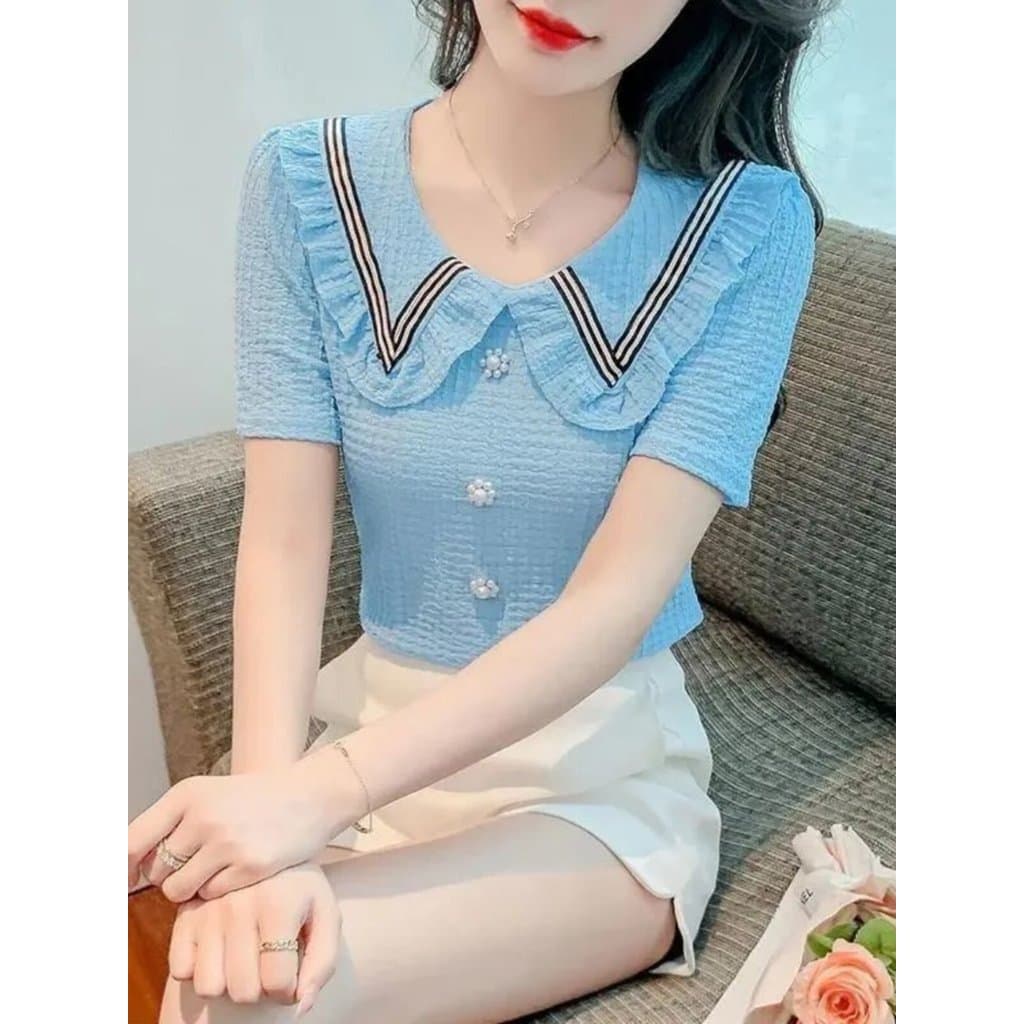 Tamanho grande roupas femininas pulôver verão novo estilo menina coração manga curta Puff mangas elegante gola boneca ca