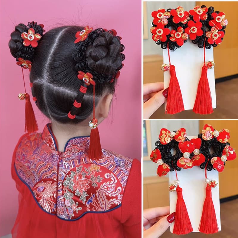 Ano novo flor vermelha arco peruca bola faixa de cabelo crianças bebê bonito antigo Hanfu menina acessórios para o cabel