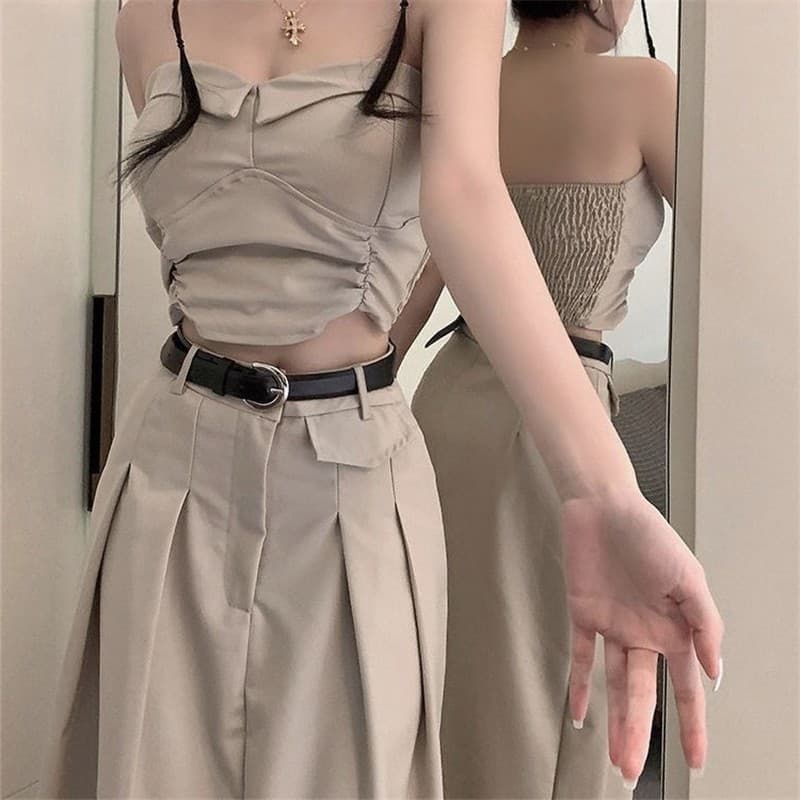 Terno saia feminina 2026 verão moda novo estilo quente menina pequeno estilingue superior cintura alta Hip-embalado saia