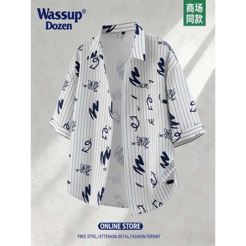 WASSUP DOZEN Estilo Artístico Camisa de Manga Curta Masculina Verão Lapela Solta Legal Graffiti Camisa Casual Moderna