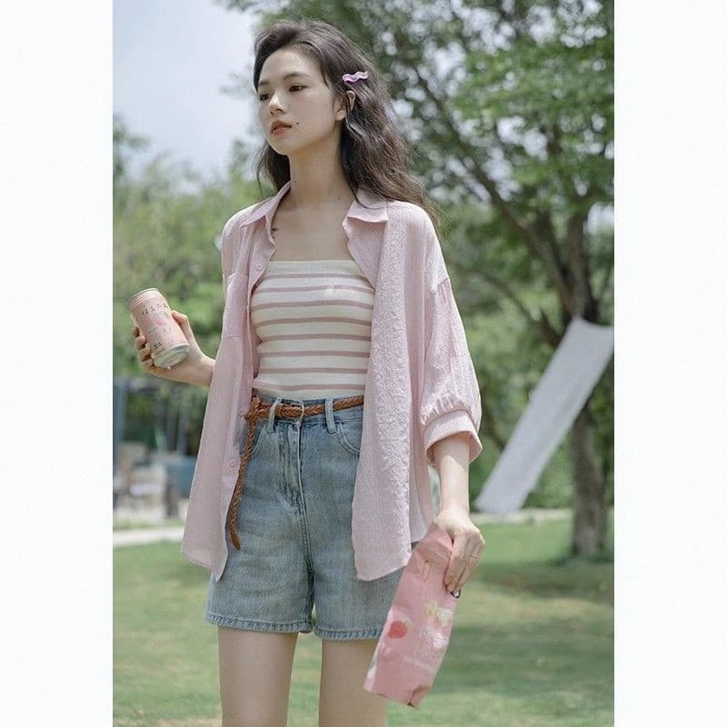 2026 camisa protetora solar feminina verão fino manga três quartos Design nicho solto doce francês Chiffon topo na moda