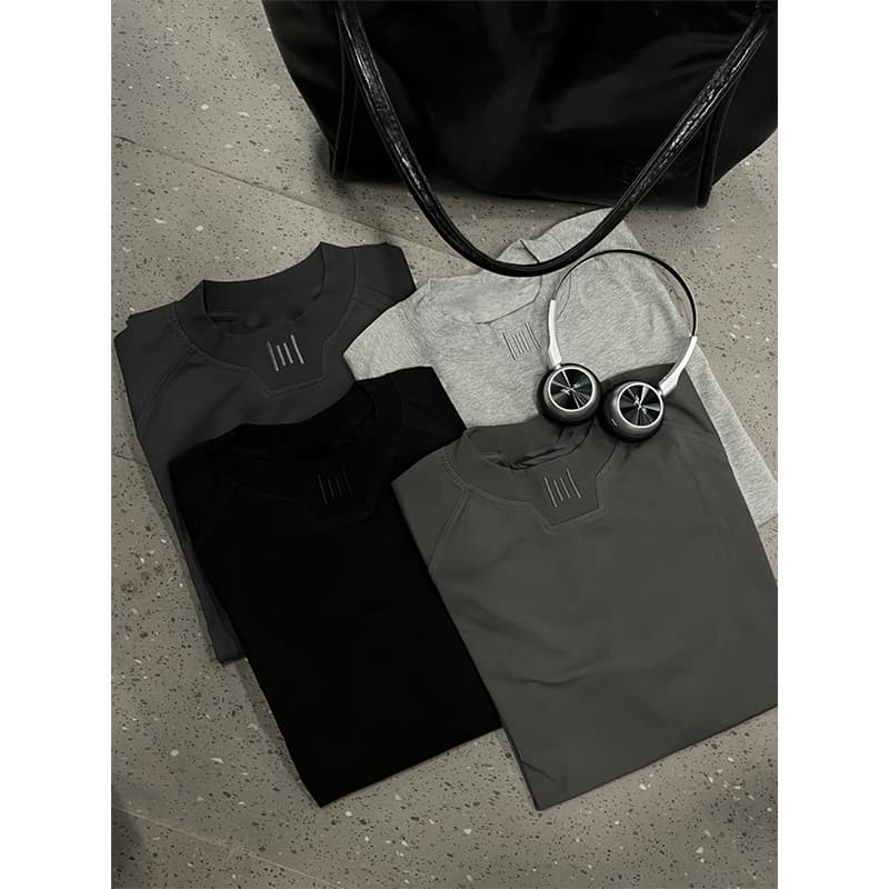 Camiseta básica de manga curta bordada com gola diferente, cor lisa, verão, novo estilo, textura, algodão puro, meia man