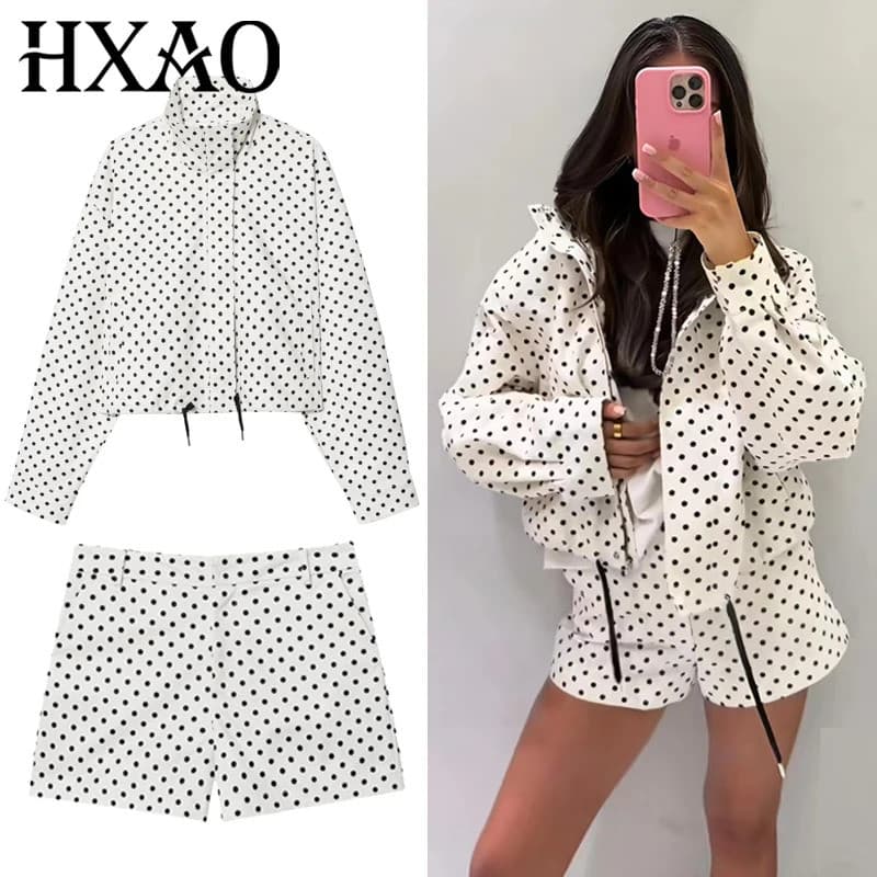 Conjunto de duas peças HXAO com estampa de bolinhas para mulheres, conjunto de duas peças com blusa de manga comprida e