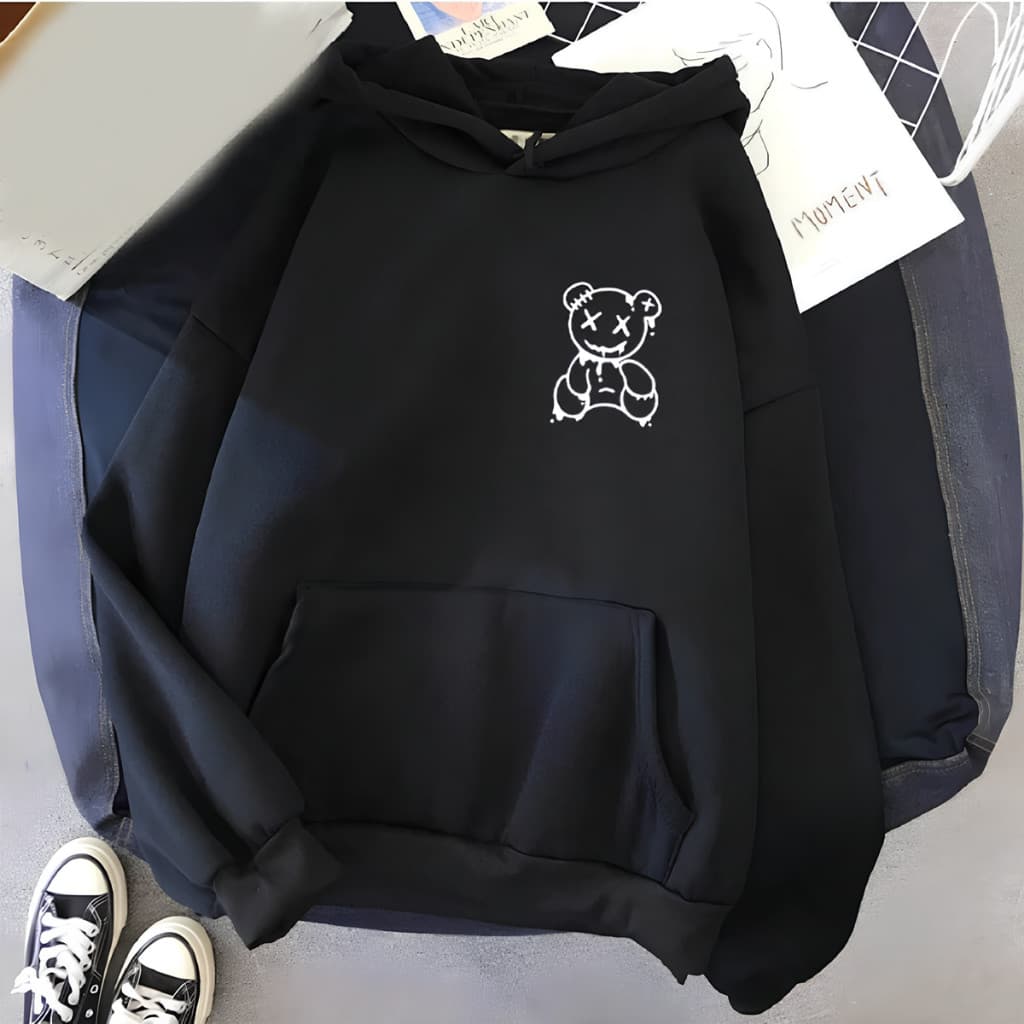 Blusa Moletom Canguru Feminino Unissex Flanelado Algodão Estampado Capuz Inverno Preto Urso