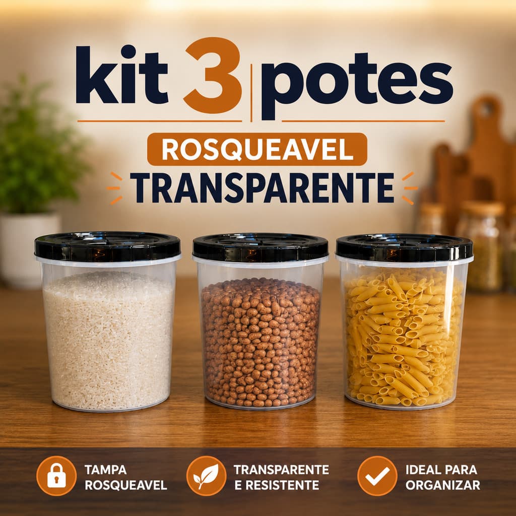 Jogo 3 Potes Redondo 2,2 Litro Transparente Tampa Rosca Pote Mantimento BPA FREE Cereais Biscoito