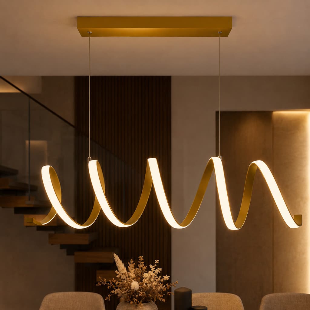 Lustre Pendente LED Espiral Dourado Moderno 60cm Luminária Balcão Cozinha Sala Jantar Paylow