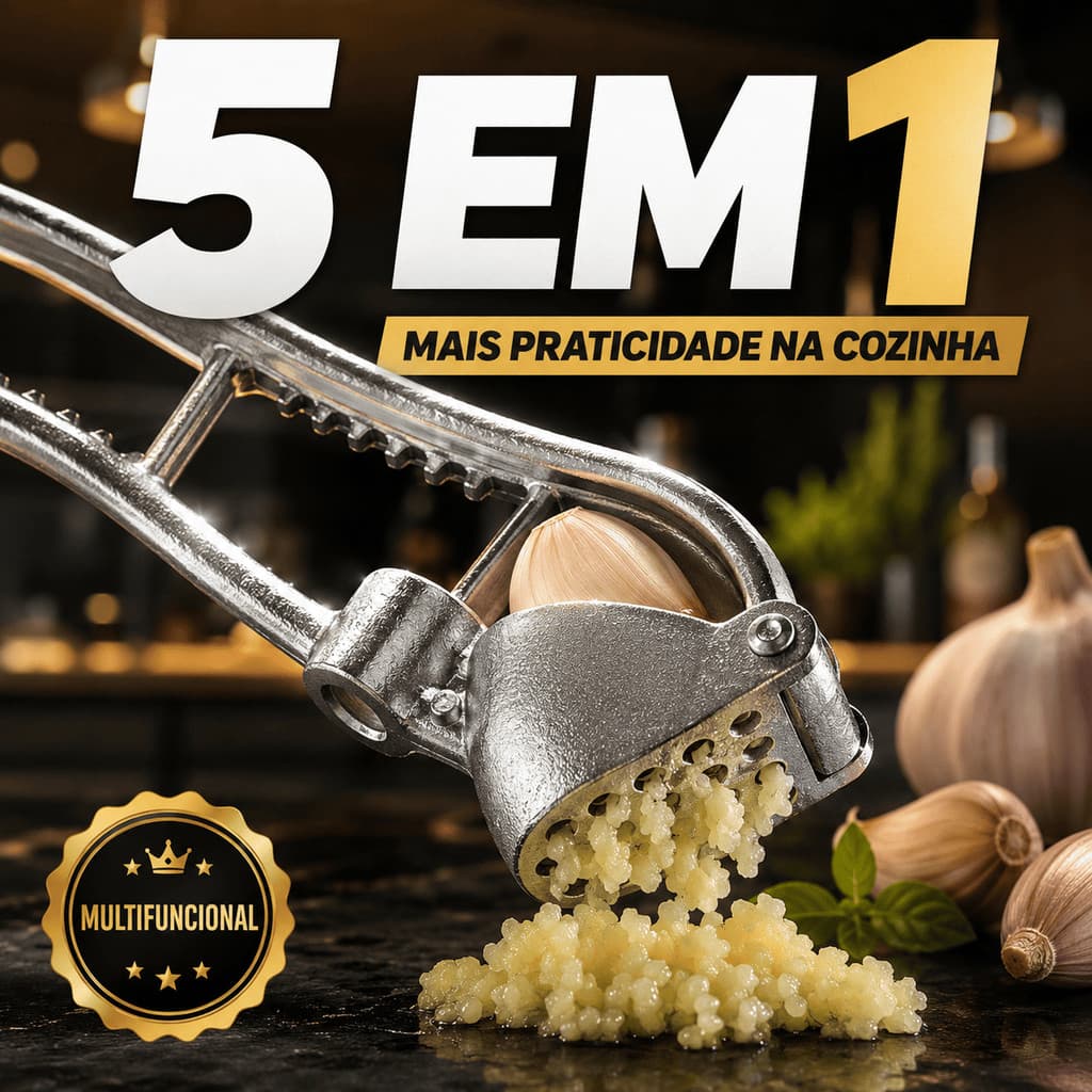 Espremedor de Alho 14,5cm Alumínio Multiuso Prensa 5 em 1 Manual Amassador Multifuncional Azeitonas Nozes