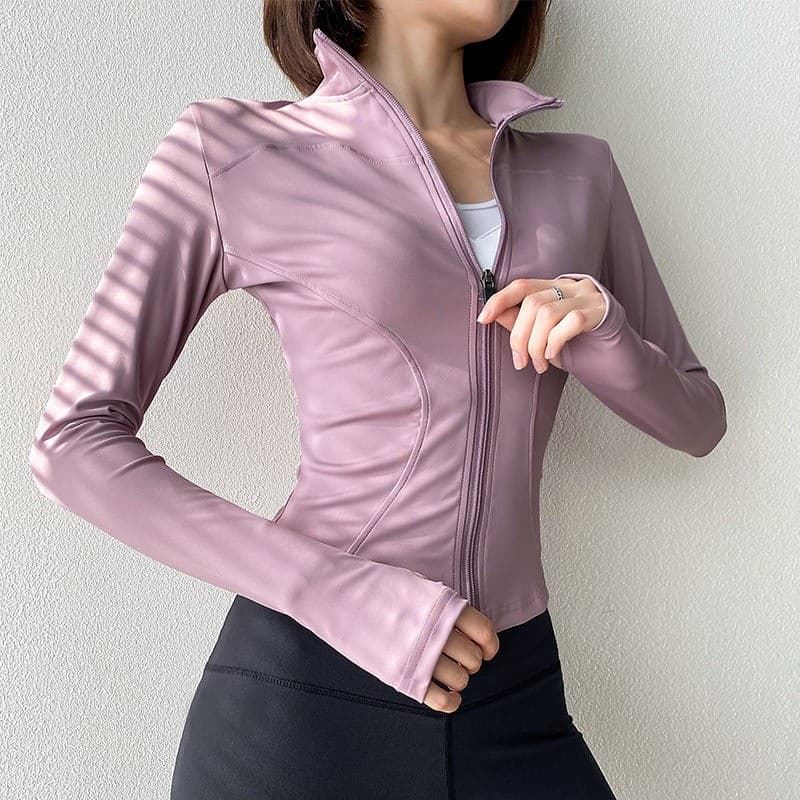 Primavera outono ao ar livre correndo Fitness esportes zíper de secagem rápida magro Cardigan gola alta de manga comprid