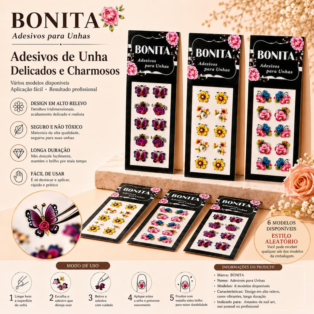 Kit 300 Adesivos 3D para Unhas com Flores, Borboletas e Strass – Nail Art Decorativa Fácil de Aplicar---WYL Store