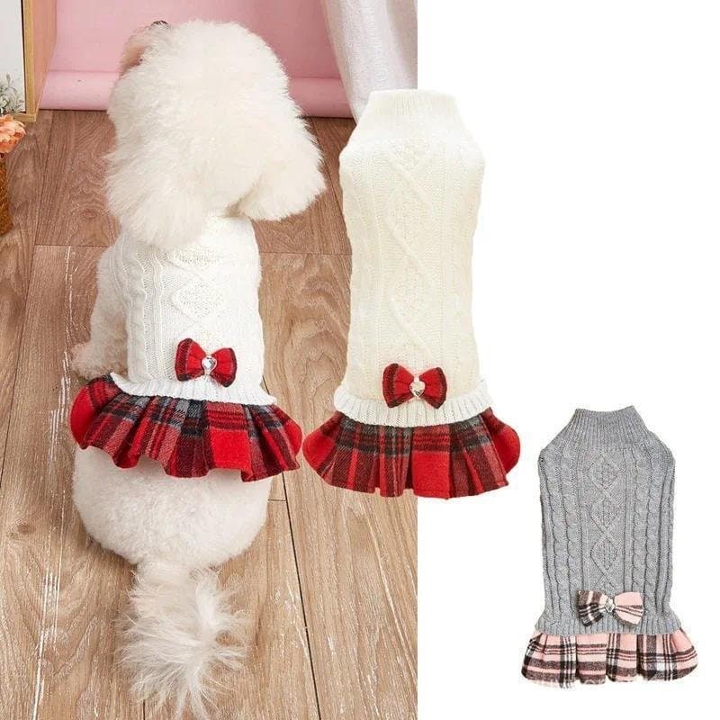Vestido De Pele De Animal De Estimação Branco Cinza Camisola De Malha Emendado Arco Xadrez Saia Casaco De Lã Cão Roupas