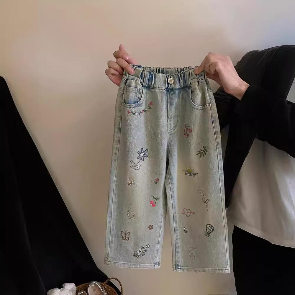 Meninas Jeans solto perna larga estilo coreano primavera outono bebê menina moda bordado solto menina Graffiti calças re